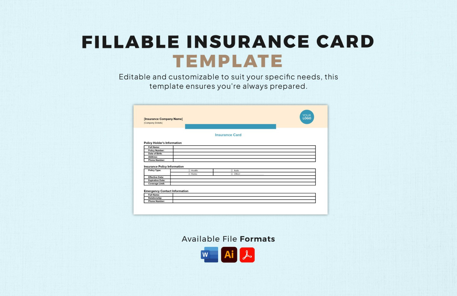 Fillable Insurance Card Template in Illustrator, PDF, Word