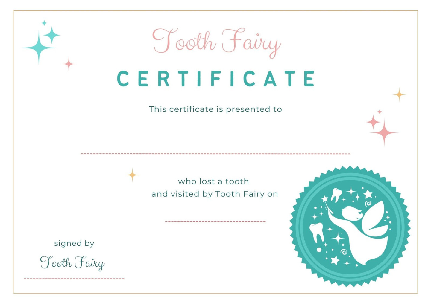 Free customizable tooth fairy certificate templates  Canva