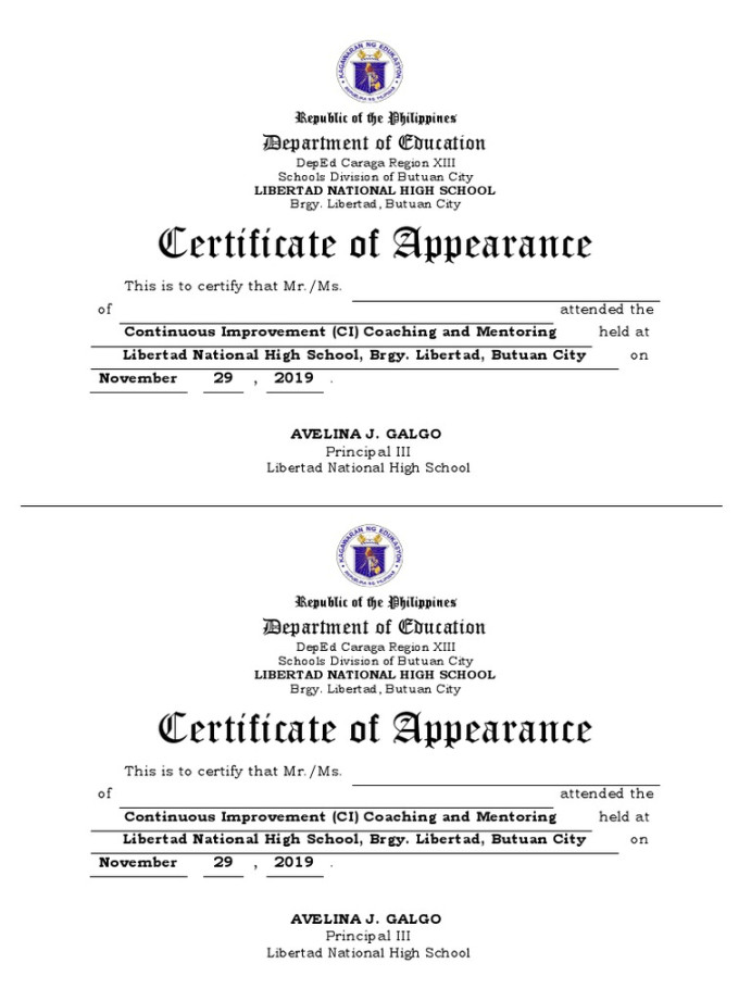 School Certificate of Appearance (DO  S