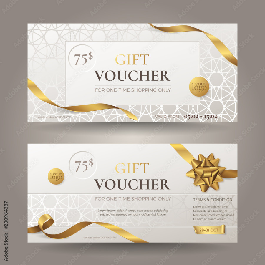 Set of stylish gift voucher with golden ribbons, a realistic bow