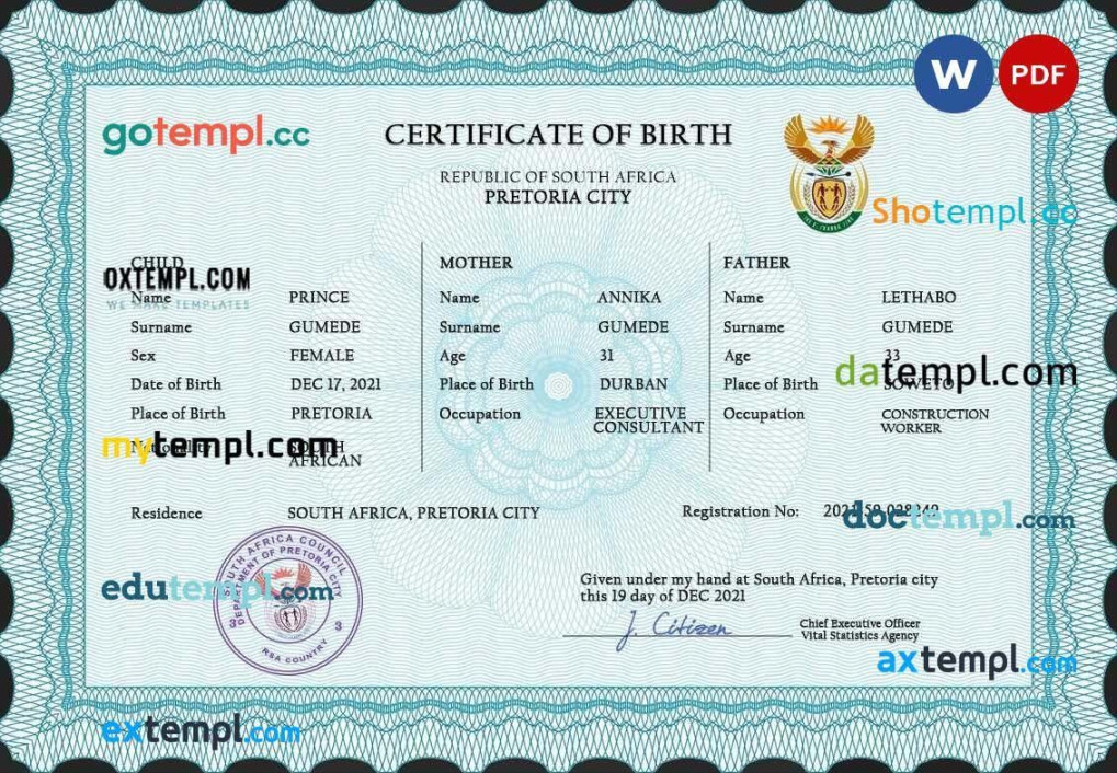 South Africa birth certificate PSD template, completely editable