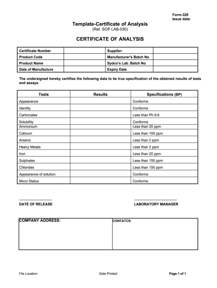 Certificate Of Analysis Template - Fill Online, Printable