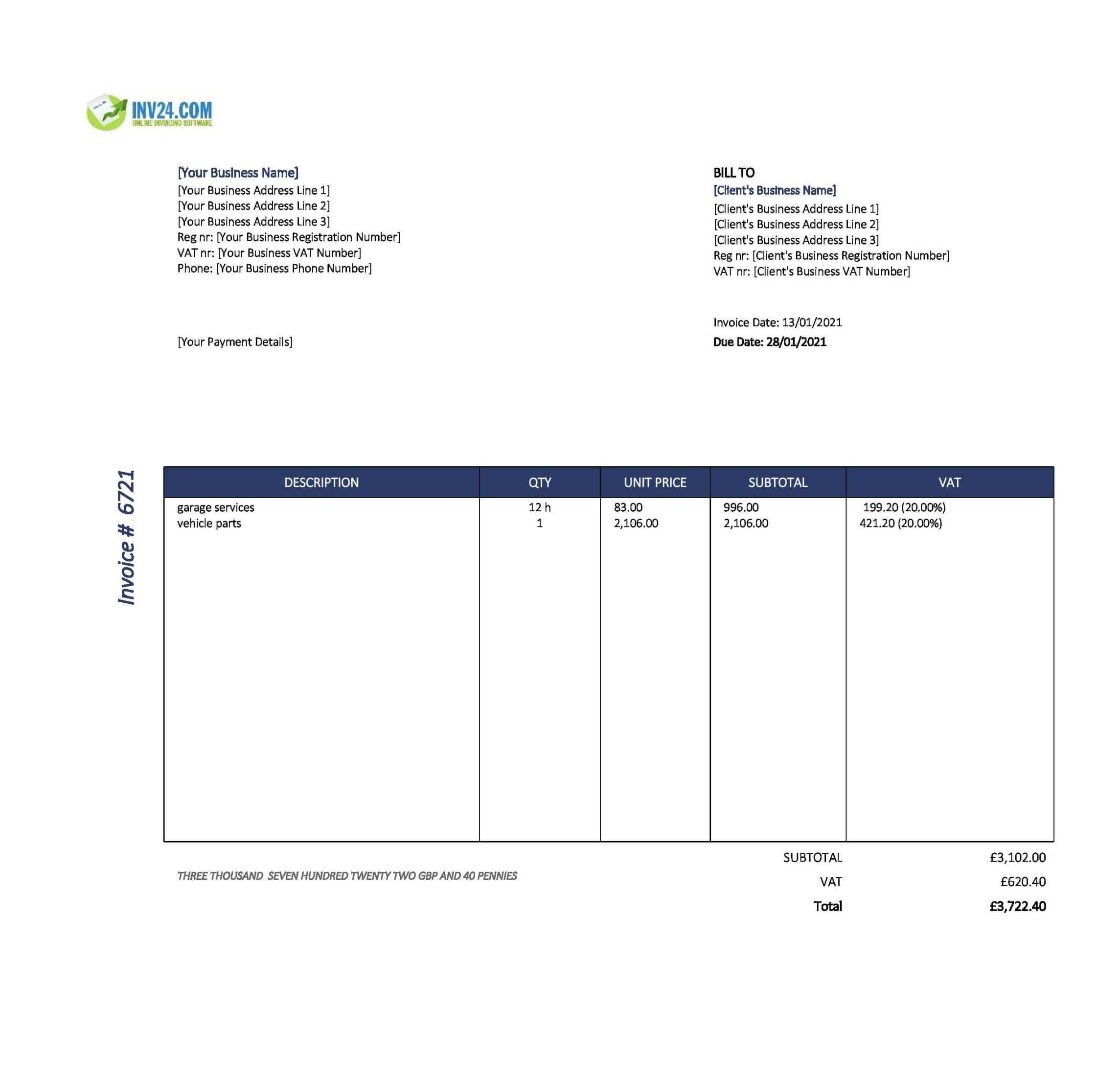 Garage Invoice Template Uk (Excel)