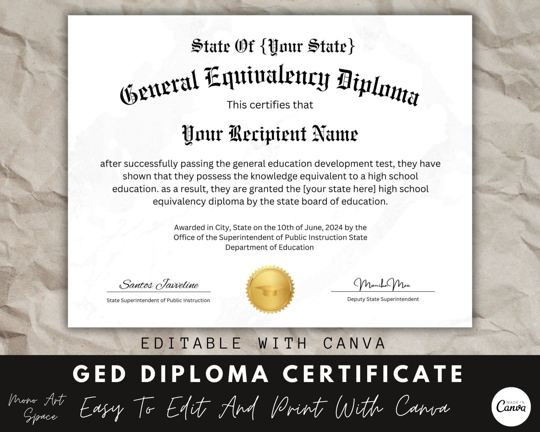 GED Diploma Certificate With Seal, Canva Template, Editable